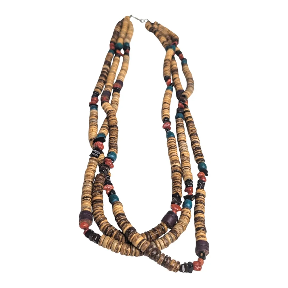 Boho Multi Layered Chunky Multi Colored Wooden‎ Beaded Long Vintage Necklace
